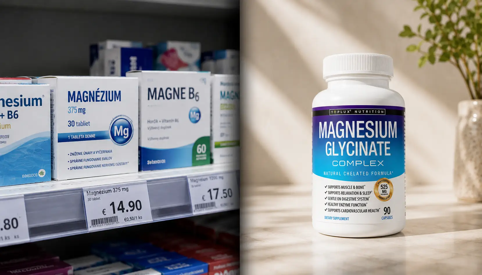 Porovnanie lekárne a Toplux Nutrition Magnesium Glycinate